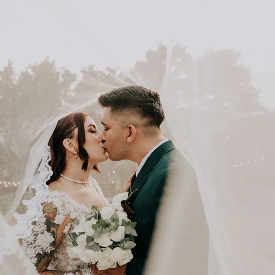 Beso de los novios bajo el velo, en el jardín con neblina